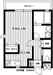 ヴィエント 2階1Kの間取り