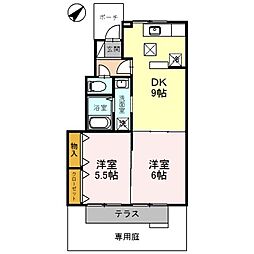 神鉄粟生線 栄駅 徒歩3分の賃貸アパート 1階2LDKの間取り
