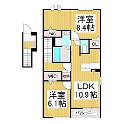 ルーチェテラス　A 2階2LDKの間取り