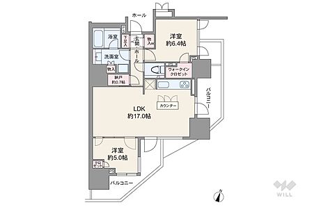 間取りは専有面積67.15平米2LDK。全居室洋室仕様プラン。洋室約5.0帖はLDKから出入りします。バルコニーは2か所あり、キッチンからバルコニーに出やすい造り。各所に収納スペースが充実しています。