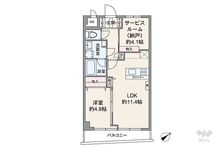 間取りは専有面積47.7平米の1SLDK。LDK約11.4帖のプラン。バルコニー面積は5.84平米です。