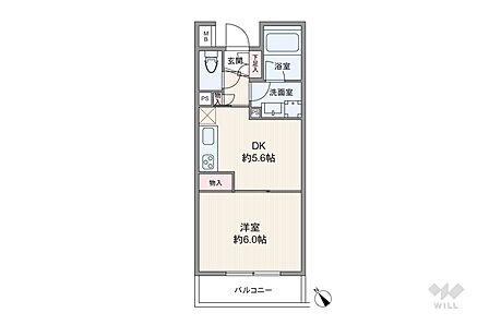 間取りは専有面積28.79平米の1DK。バルコニー面積は3.96平米です。