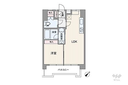 間取りは専有面積35.88平米の1LDK。バルコニー面積は6.08平米です。