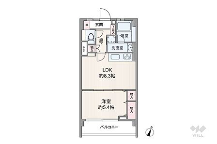 間取りは専有面積33.97平米の1LDK。LDK約8.3帖のプラン。バルコニー面積は3平米です。