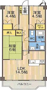 間取り:東側のバルコニーに面した約14.5帖のLDK。和室と振り分けタイプの洋室2部屋が備わった住まいです。和室は廊下とLDKの両方からアクセスが可能で、リビングの延長や客間など様々な用途で使用可能です。 間取り:東側のバルコニーに面した約14.5帖のLDK。和室と振り分けタイプの洋室2部屋が備わった住まいです。和室は廊下とLDKの両方からアクセスが可能で、リビングの延長や客間など様々な用途で使用可能です。