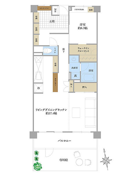 2LDKへ変更可能な広々とした約17.4帖のLDKと、開放感あふれる専用庭が魅力。土間スペースや大容量のWICなど収納も充実。