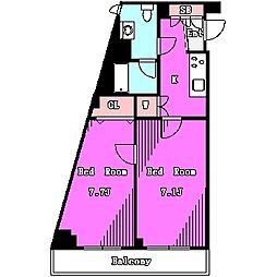 スカイコート品川パークサイド2 2Kの間取図画像
