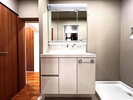 シャワー付き洗面化粧台です。手軽にシャンプーができ、お掃除もしやすいですね。