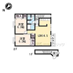 JR湖西線 志賀駅 徒歩4分の賃貸アパート 2階2LDKの間取り