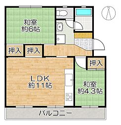 新多聞第2住宅107号棟 2LDKの間取図画像