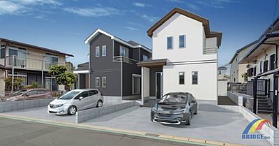 外観：南向きの陽光暖かな邸宅で並列駐車2台可能です。 長期優良住宅で各居室2面採光で明るく全居室収納付きでお荷物スッキリ 小学校まで徒歩7分以内で、子育て世帯も安心です。 
