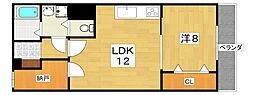 香里カーサヒル 1LDKの間取図画像