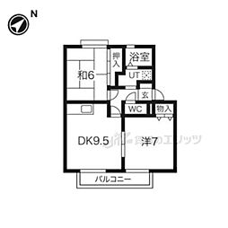 サンビレッジ学園前東坂D棟 2LDKの間取図画像