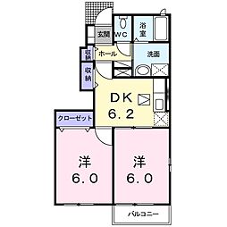 イリーデ・ソレイユB 2DKの間取図画像