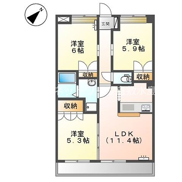 リッチフィールド ｜岡山県倉敷市新倉敷駅前5丁目(賃貸アパート3LDK・2階・61.11㎡)の写真 その2