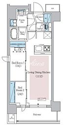 都営大江戸線 新御徒町駅 徒歩1分の賃貸マンション 9階2LDKの間取り