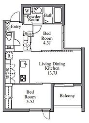 東京メトロ日比谷線 広尾駅 徒歩10分の賃貸マンション 4階2LDKの間取り