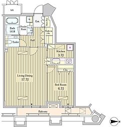 都営大江戸線 汐留駅 徒歩4分の賃貸マンション 18階1LDKの間取り