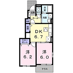 デーアB棟 2DKの間取図画像