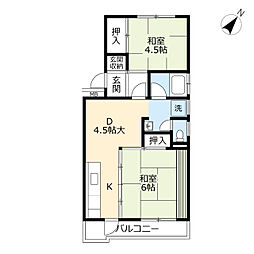 UR沖台二丁目 4階2DKの間取り