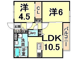 グランコート塚口 2階2LDKの間取り