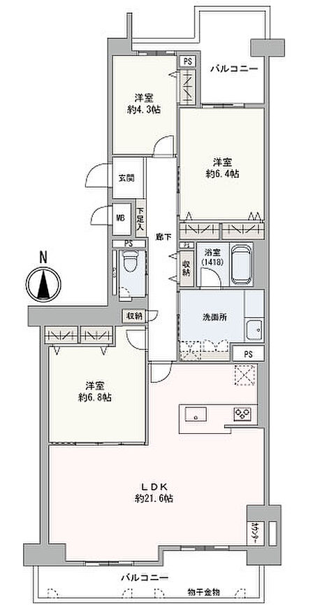 専有面積94.47?（約28.57坪）の3LDKのお部屋です。