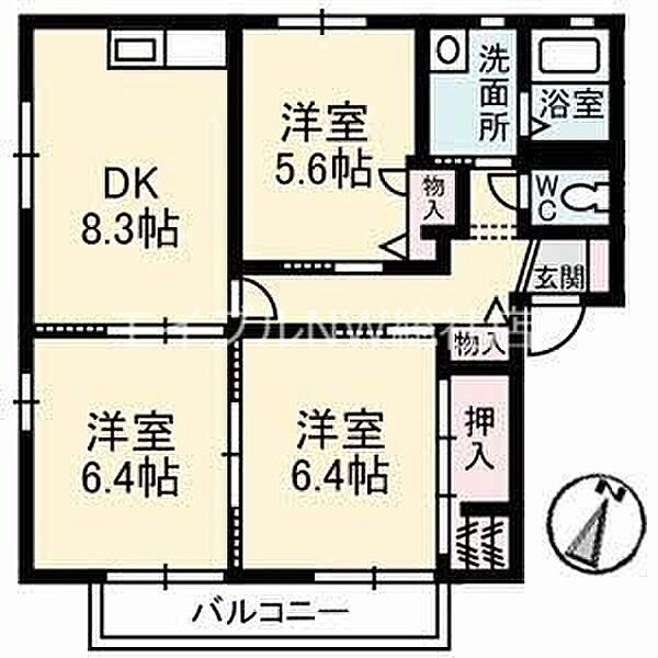 岡山県倉敷市白楽町(賃貸アパート3DK・1階・62.87㎡)の写真 その2