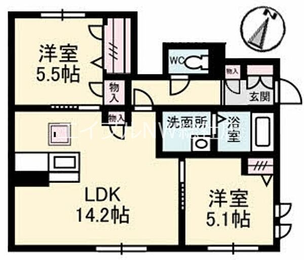 岡山県倉敷市中島(賃貸アパート2LDK・1階・57.80㎡)の写真 その2