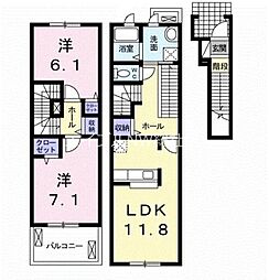 JR山陽本線 西阿知駅 徒歩16分の賃貸アパート 2階2LDKの間取り