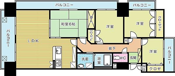 シャトレ大手町S棟 1001｜福岡県北九州市小倉北区大手町(賃貸マンション4LDK・10階・90.90㎡)の写真 その2