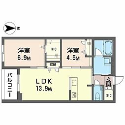 ウィズプラス等々力 3階2LDKの間取り
