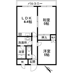 ソレイル梶ヶ谷 4階2DKの間取り