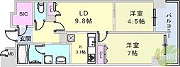 エスコートみなと元町海岸通 2LDKの間取図画像