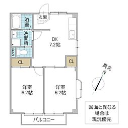 サンライズメグミ B 2階2DKの間取り