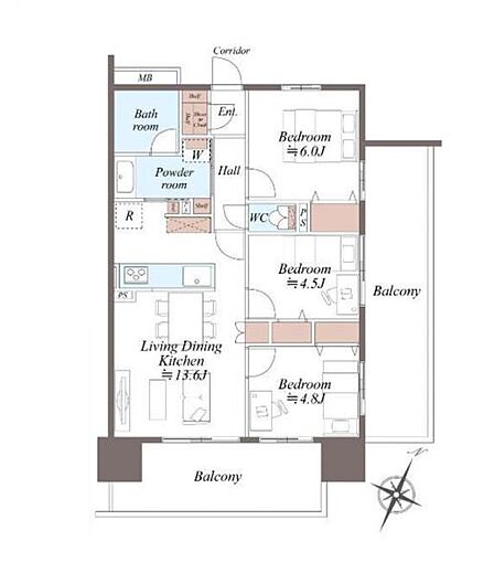 3LDK、専有面積64.60m2、南東向け、最上階、角部屋