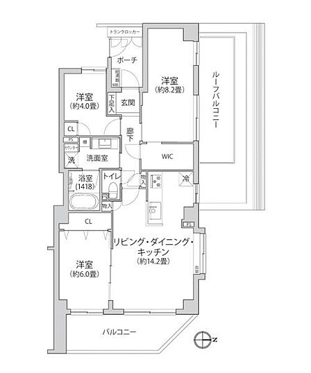 3LDK、専有面積74.62m2、東向け、角部屋、ルーフバルコニー付