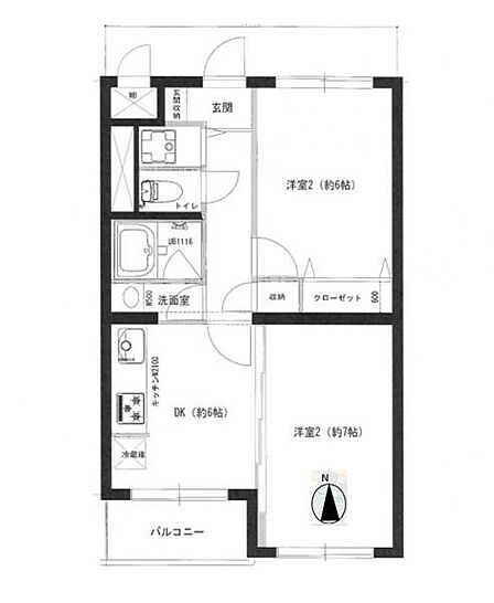 2DK、専有面積46.17m2、南向け
