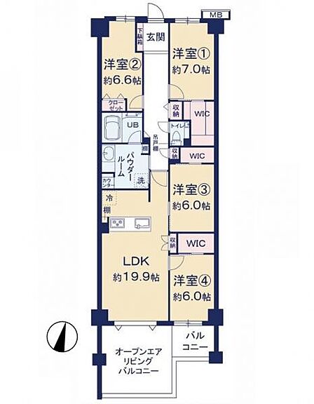 4LDK、専有面積105.30m2、南東向け