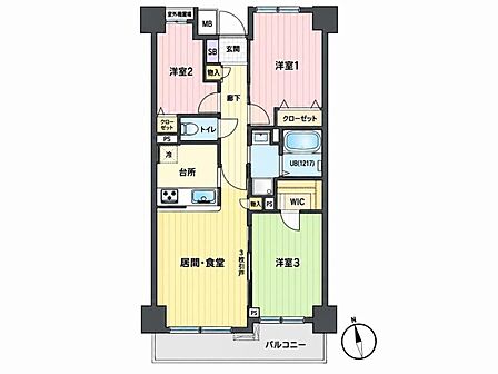 3LDK、専有面積63.88m2、南向け