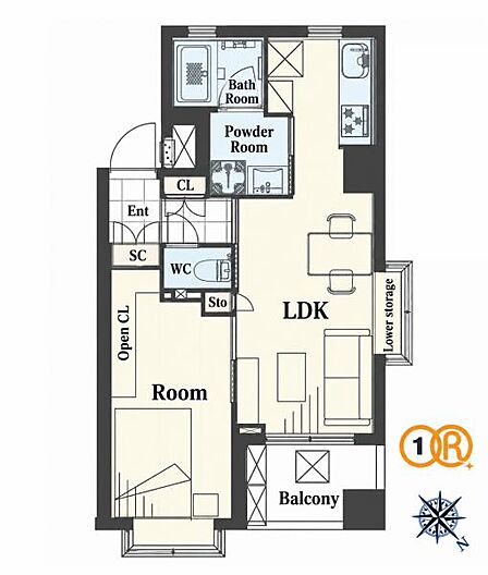 1LDK、専有面積39.93m2、北東向け、角部屋