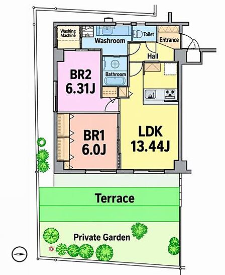 2LDK、専有面積61.67m2、東向け