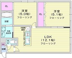 札幌市営南北線 北34条駅 徒歩12分の賃貸マンション 1階2LDKの間取り