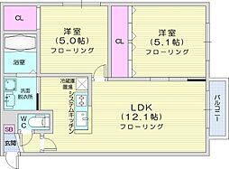 札幌市営南北線 北34条駅 徒歩12分の賃貸マンション 3階2LDKの間取り