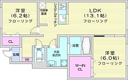 JR学園都市線 百合が原駅 徒歩19分の賃貸アパート 1階2LDKの間取り