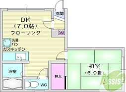 ハイツアウトインA 2階1DKの間取り