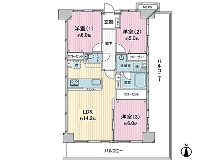 【間取】最上階・角部屋のL字バルコニーにつき、陽当り・通風・眺望良好です。居室も全部屋5帖~6帖の使いやすい間取りです。