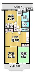 藤井寺グリーンハイツ1号棟 3DKの間取図画像