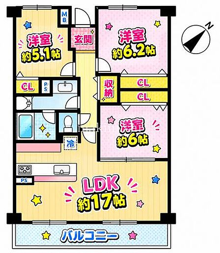間取図3LDKのゆとりある間取りで、LDKは約17.0帖と広々。家族が集う団らんの場として快適にお過ごしいただけます。各居室には収納スペースを備え、お部屋をすっきりと使えるのも魅力です。