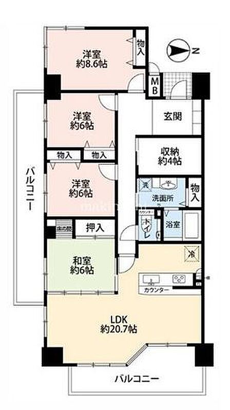 4LDK+2面バルコニー♪