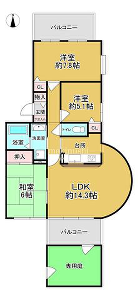 3LDK+専用庭♪南北両面バルコニーで陽当り・通風良好です♪室内とても丁寧にお使いですので、是非一度ご覧ください♪